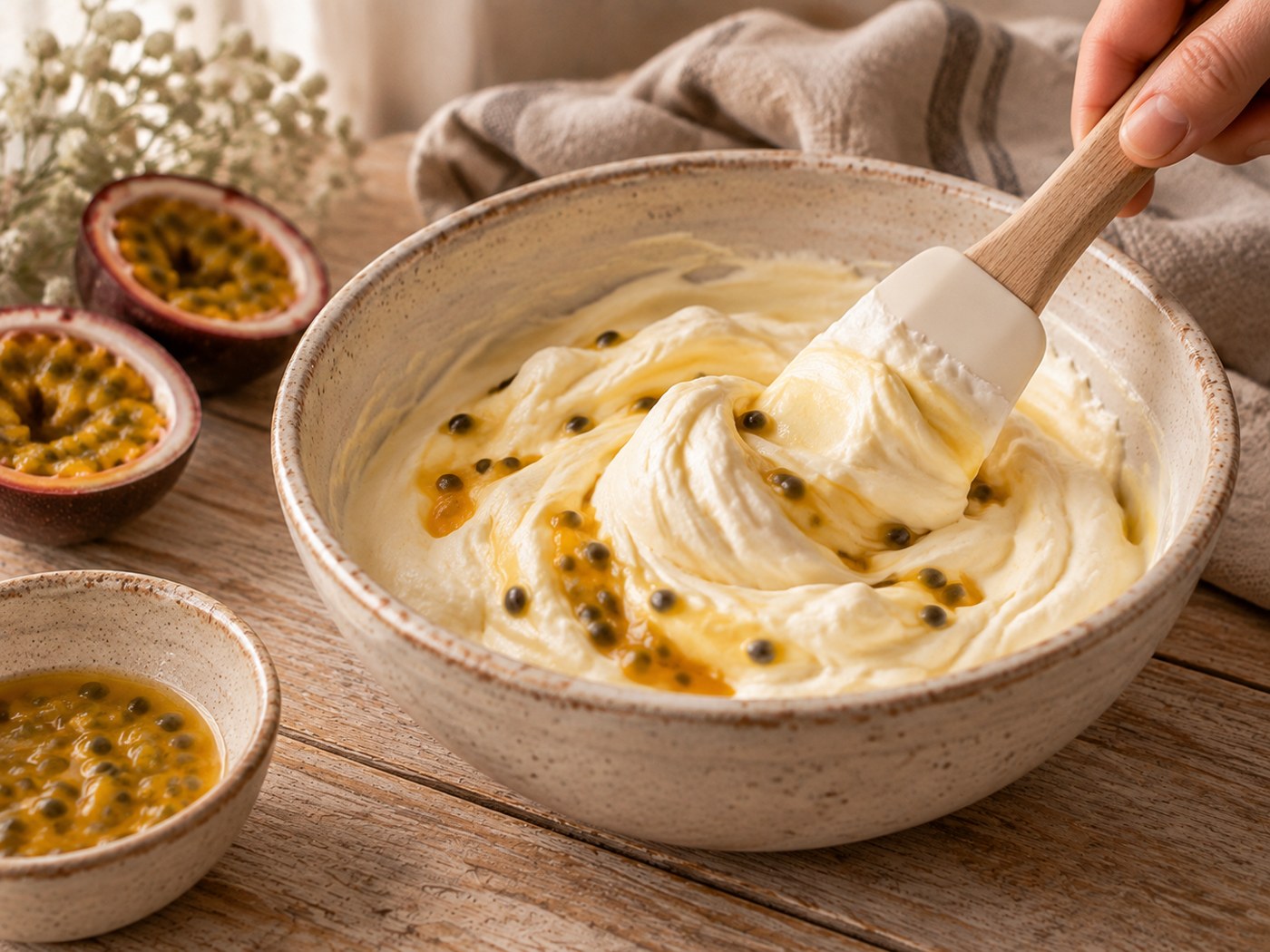 Crema y pulpa de maracuyá mezclándose